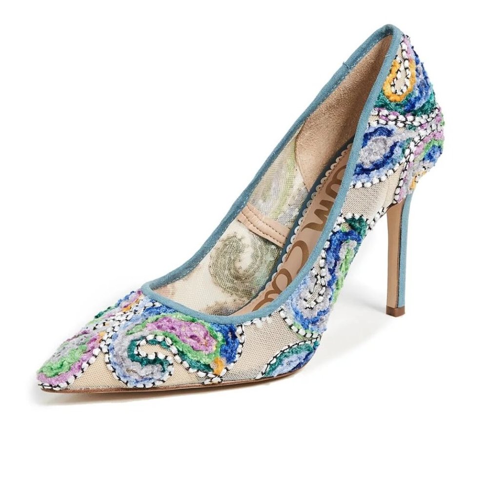 Sam Edelman Hazel Blue Embroidered Point Toe Pumps 7.5